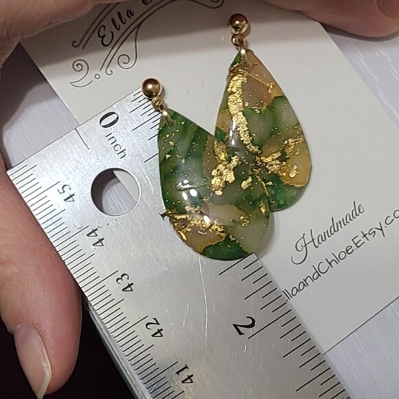 Handcrafted Chunky Green Gold Ball Teardrop Gemstone Agate Drop Dangle Earrings - Picture 3 of 6